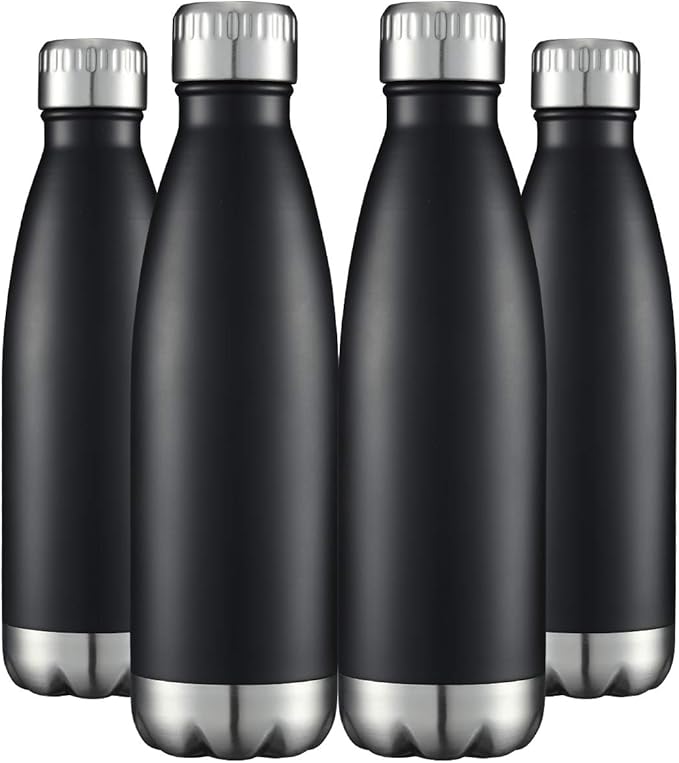HASLE OUTFITTERS 17oz Stainless Steel Water Bottles Bulk, Vacuum Insulated Water Bottles Double Walled Reusable Metal Sports Water Bottles Keep Drinks Hot and Cold, Black, 4Packs