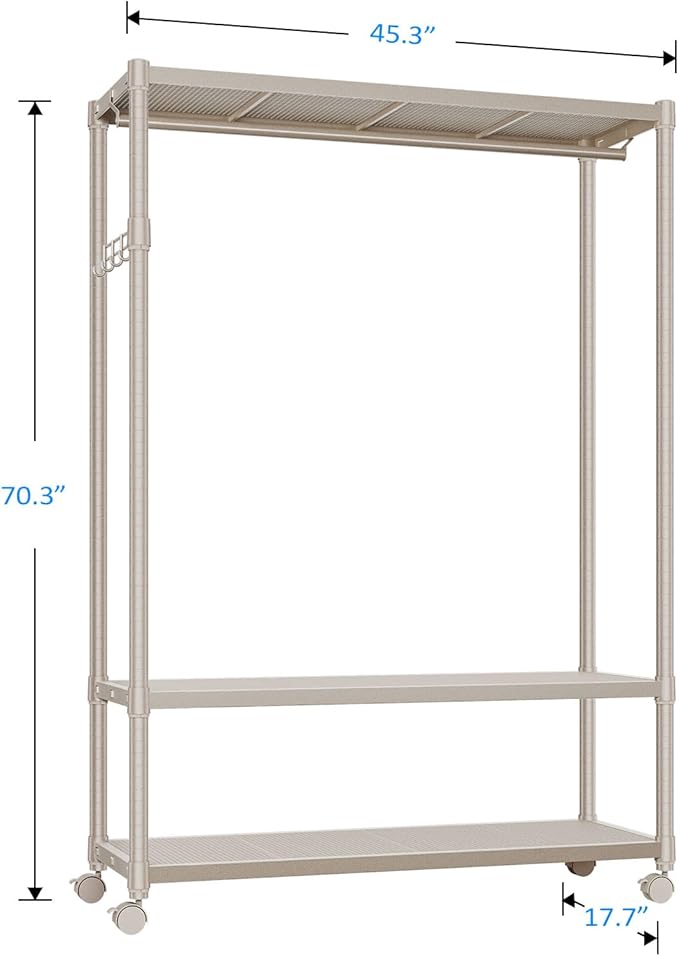 IZEUK Heavy Duty Rolling Garment Rack Wire Clothes Rack for Hanging Clothes, Metal Freestanding Closet Wardrobe Rack with Double Rods and Side Hooks Gold 17.7" D x 45.3" W x 70.3" H
