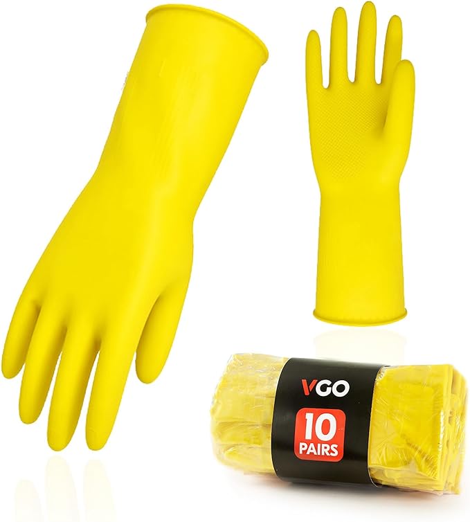 Vgo... 10-Pairs Reusable Household Gloves, Rubber Dishwashing gloves, Extra Thickness, Long Sleeves, Kitchen Cleaning, Working, Painting, Gardening, Pet Care (Size L, Yellow, HH4601)