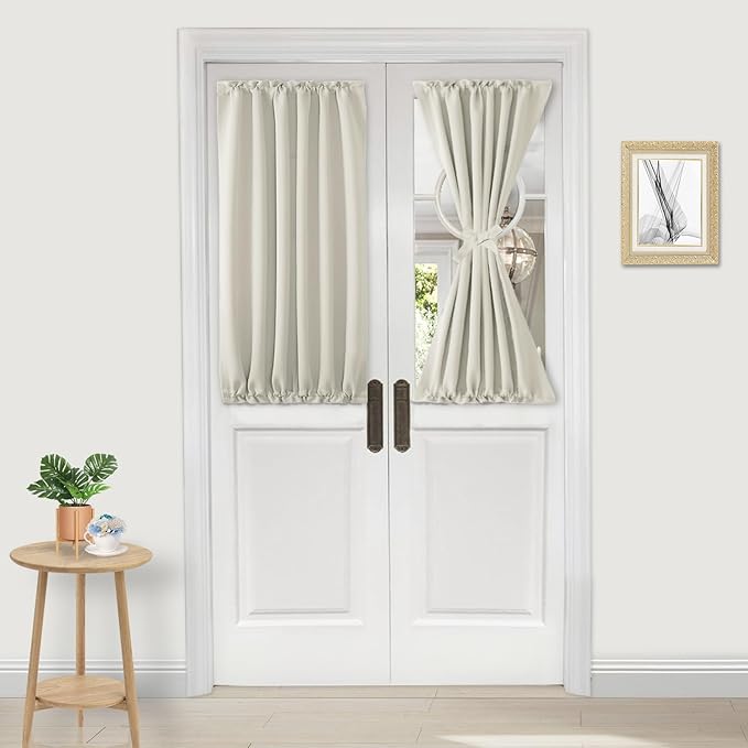 DWCN French Door Curtains – Rod Pocket Thermal Blackout Curtain for Doors with Glass Window, Kitchen and Patio Doors for Privacy, 25 X 40 Inches Long, 1 Curtain Panel with Tieback, Ivory