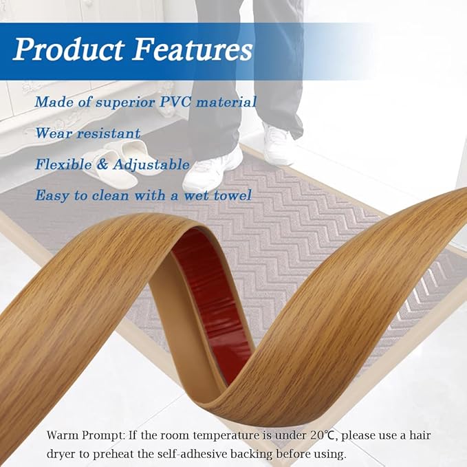 Floor Transition Strip Self Adhesive Carpet & Flooring Transitions Edging Trim Strip PVC Threshold Transitions Suitable for Threshold Height Less Than 5mm (3.3Ft, Wood Grain Light Brown-New)