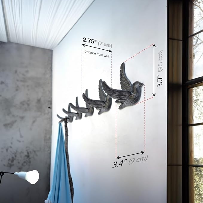 Ambipolar 5-Pack Bird Flying Style Coat Hooks, Vintage Black Hooks for Coats, Hats, and More, Sturdy Cast Iron Construction, Rustic Farmhouse Theme, Easy Installation Versatile and Durable