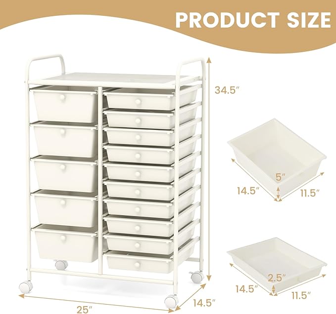 GOFLAME 15-Drawer Rolling Storage Cart, Multipurpose Movable Organizer Cart, Utility Cart for Home, Office, School, White
