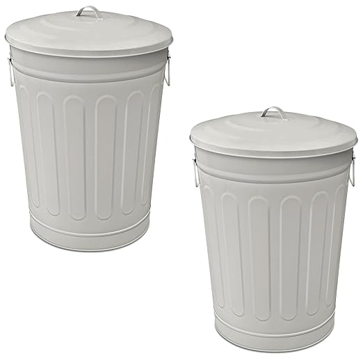 Plexon 13-Gallon Galvanized Steel Round Trash Can with Lid, Indoor and Outdoor Use, Durable Construction, Retro Design, Stylish Beige 2 Pack