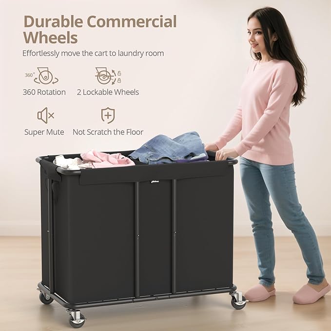 Laundry Hamper with Wheels, 2-Section 230L (61Gal) Large Capacity, Heavy-Duty Rolling Clothes Basket with Silent Rubber Casters & Detachable Oxford Bags for Home, Black, 31.5"Lx15.75W"x30.7"H