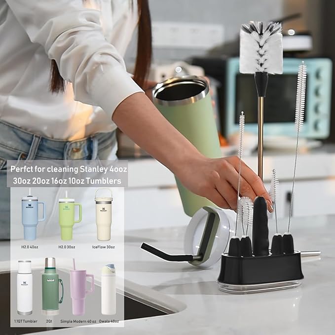 ALINK 5 Pack Water Bottle Brush Cleaning Set with Holder, Bottle Cleaner with Stand, Straw Nipple Lid Brush for Stanley 40OZ/30OZ Tumblers, Drinking Glass, Baby Bottles, Jugs - Black