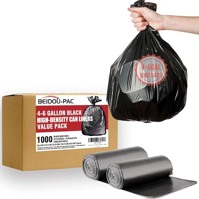 4-6 Gallon Trash Bags, 1000 Count Bulk Value Pack Black Garbage bags, Multi-purpose Trash Can Bin Liners for Bathroom, Office, Industrial, Commercial, Janitorial, Municipal, Recycling
