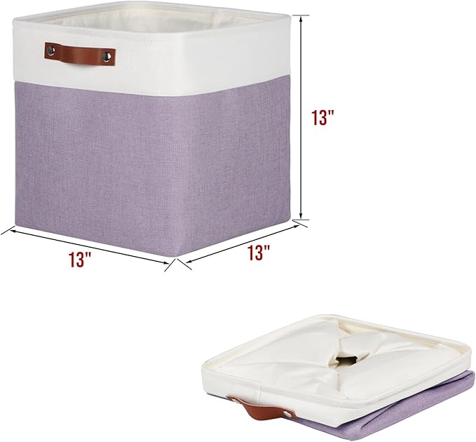 Univivi 13 x 13 x13 Cube Storage Baskets Storage Bins with Hard Bottom|PU Handles for Organizing,Foldable Fabric Storage Bins Decorative Organizer Baskets for Shelves,Closet (Purple)