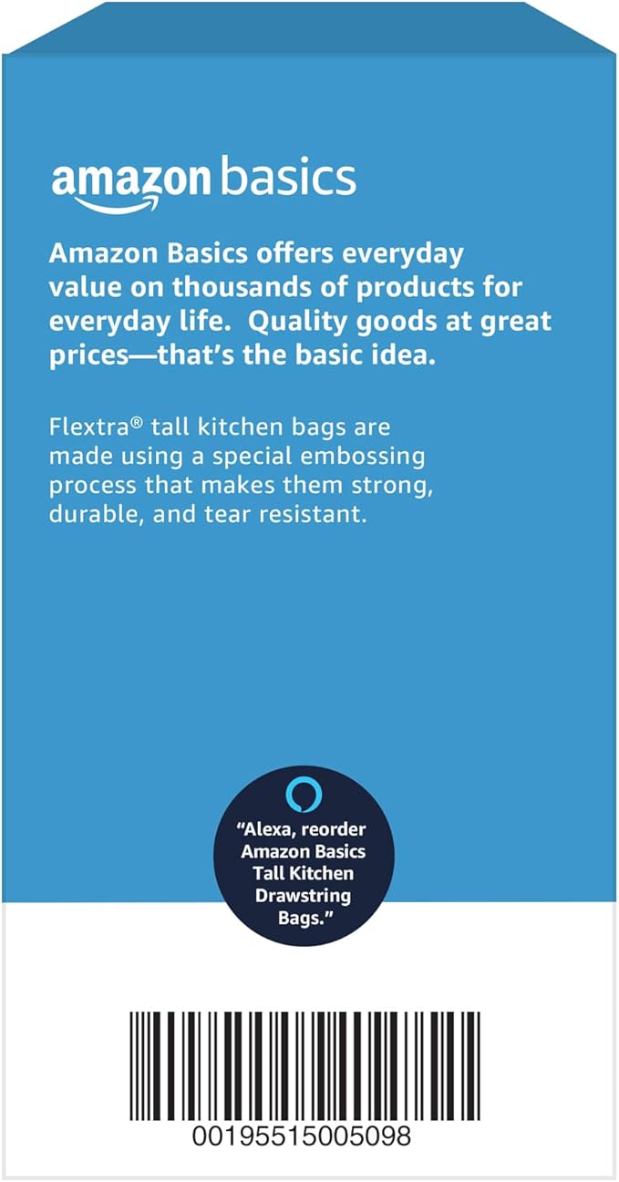 Amazon Basics Flextra Tall Kitchen Drawstring Trash Bags, 13 Gallon, Unscented, 50 Count