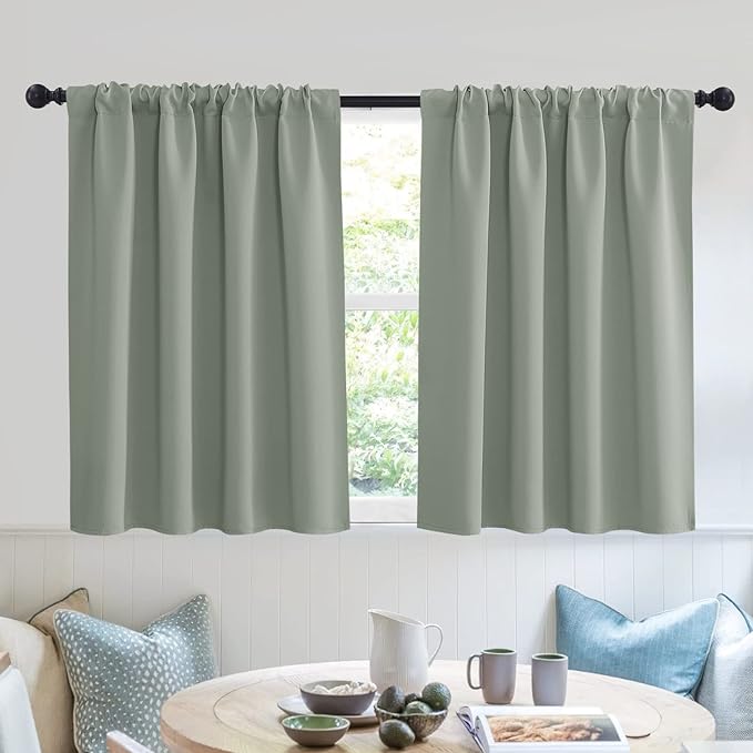 RYB HOME Short Curtains 36 inch 2 Panels Set, Room Darkening Small Window Drapes Thermal Insulated Cafe Curtains for Kitchen Dorm Transit Van, W42 x L36 inch, Grayish Green