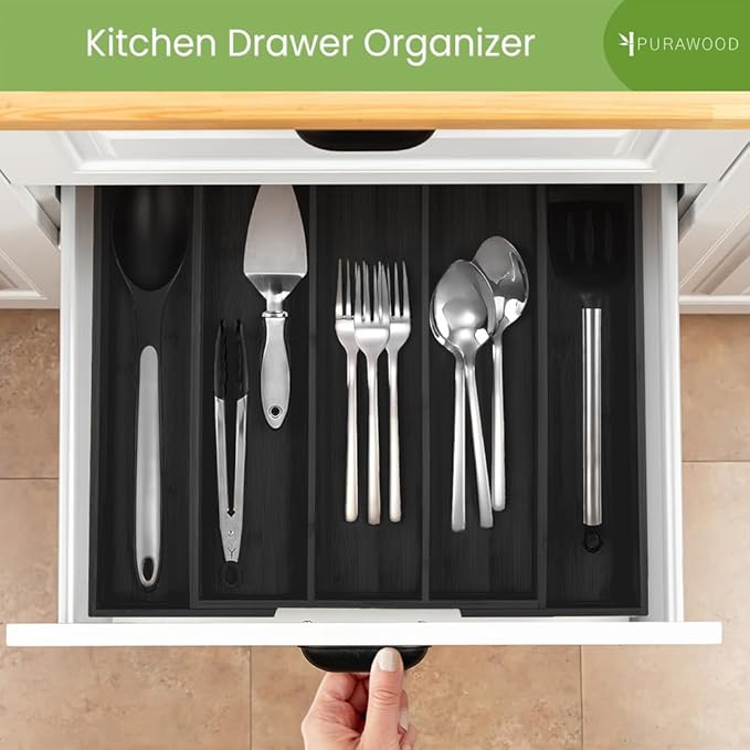 Purawood Kitchen Drawer Organizer - Expandable Utensil Organizer for Kitchen, Cutlery Tray & Silverware Organizer, 3-5 Slots - Bamboo Drawer Organizer for Utensils & Flatware (Black)