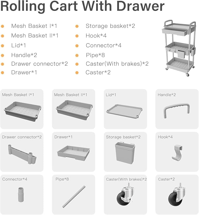 3 Tier Rolling Cart Organizer,Laundry Room Bathroom Organizers and Storage Office Shelves Mobile Shelving Unit Kitchen Trolley Cart with Wheels for Art,Craft,Diaper,Bedside,Snack(Grey)