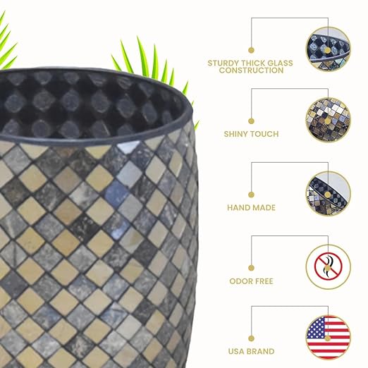 Escenzy Modern Bathroom Trash Can Mosaic Glass 5L | Decorative Small Garbage Can | 7" x 10" | Luxury Waste Basket for Restroom, Office, Bedroom & Kitchen | Shiny Black and Gold Bathroom Accessories