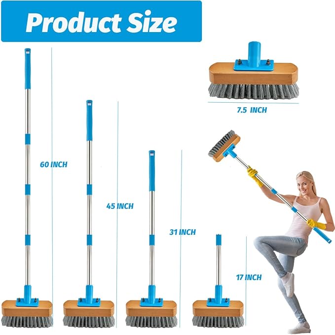 YONILL Stainless Steel Deck Scrub Brush with Long Handle - 60" Heavy Duty Floor Scrubber Brush with Pole, Moss Remover Wire Cleaning Brushes for Rough Surface, Concrete Floor, Patio, Garden, Garage