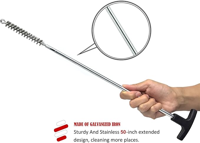 50 in Pipe Cleaning Brush Set with Stainless Steel Bristles, Wire Brush with 4pcs Galvanized Rod, Stainless Steel Pipe Brush 4pcs for Auto Parts, Bottles, Tubes. (3/5, 1, 1 3/5, 2 in Brush Heads)