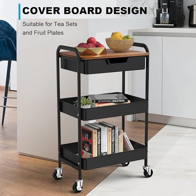 3 Tier Rolling Cart with Drawer, Metal Utility Cart on Wheels Storage Cart with Wood Top, Kitchen Cart Art Cart Organizer for Bathroom Office Balcony Living Room