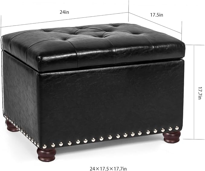 24'' Leather Storage Ottoman Rectangular Foot Rest Stool with Nailhead Trim Toy Chests & Storage Room Organizer for Bedroom Living Room(Black)
