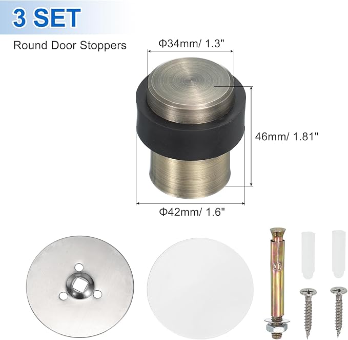 PATIKIL 3Set Round Door Stoppers, 46mm Stainless Steel Door Stop Doorstop Wedge Metal Cylinder Self Adhesive with Screw for Bottom of Door Floor Inside, Bronze