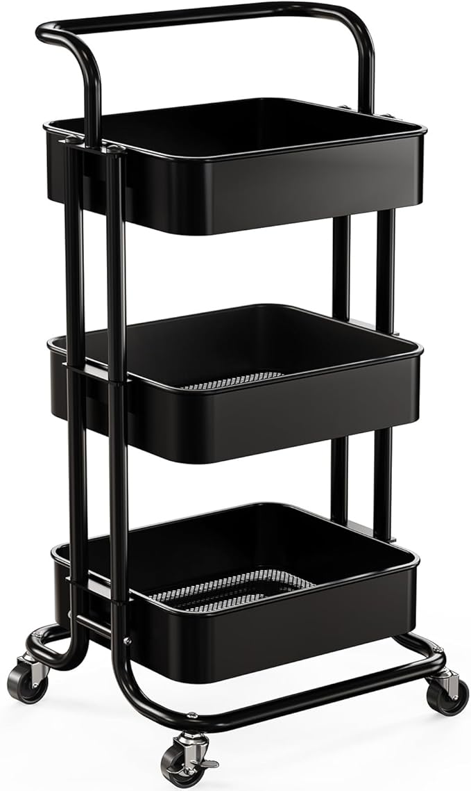 Pipishell 3 Tier Mesh Utility Cart, Rolling Metal Organization Cart with Handle and Lockable Wheels, Multifunctional Storage Shelves for Kitchen Living Room Office Black