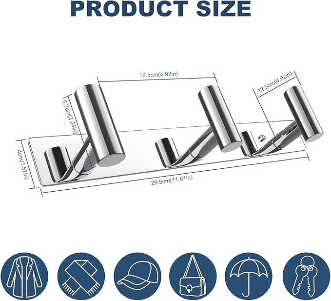 VAEHOLD Hat and Coat Wall Mount Rack - Hooks for Robes, Bags, Keys, and Towels - Bathroom Towel Hanger Organizer (Polished Chrome, “T“ Shape 3 Hooks 1 Pack)