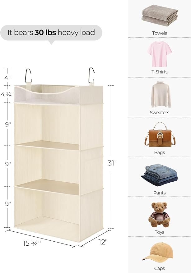StorageWorks Hanging Closet Organizer, 3-Shelf Hanging Closet Shelves with Top Shelf, 15 ¾"W x 12" D x 31" H, Extra-Large Space, Ivory White