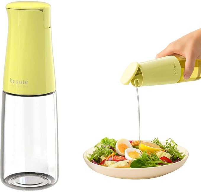 17oz Oil Dispenser for Kitchen, Auto Flip、Non-Drip、Leak Proof, Oil Bottles for Kitchen, Vinegar Dispenser, Cooking Glass Bottle with 500ml (Yellow Green)