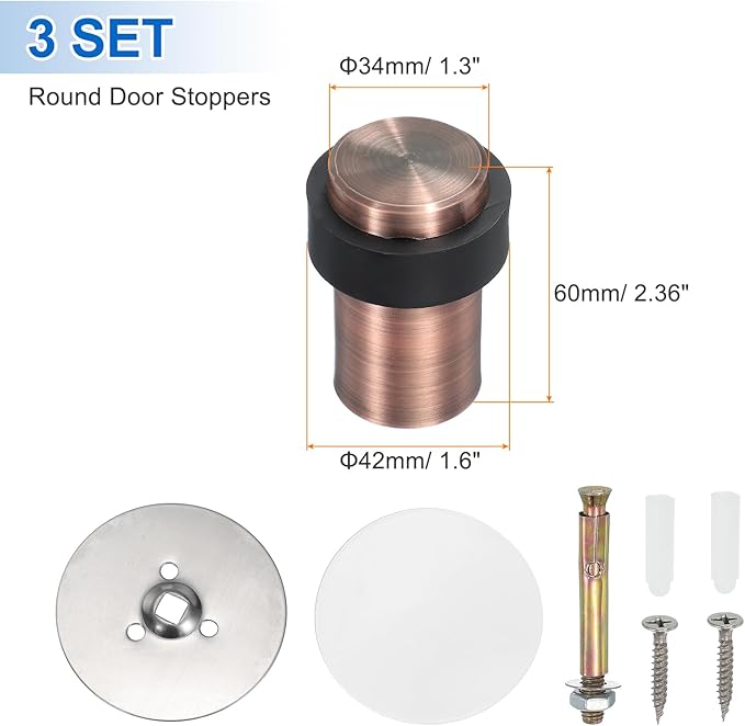 PATIKIL 3Set Round Door Stoppers, 60mm Stainless Steel Door Stop Doorstop Wedge Metal Cylinder Self Adhesive with Screw for Bottom of Door Floor Inside, Gold Tone