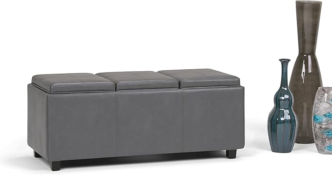 SIMPLIHOME Avalon 42 inch Wide Contemporary Rectangle Storage Ottoman in Stone Grey Vegan Faux Leather, Assembled, For the Living Room, Entryway and Family Room