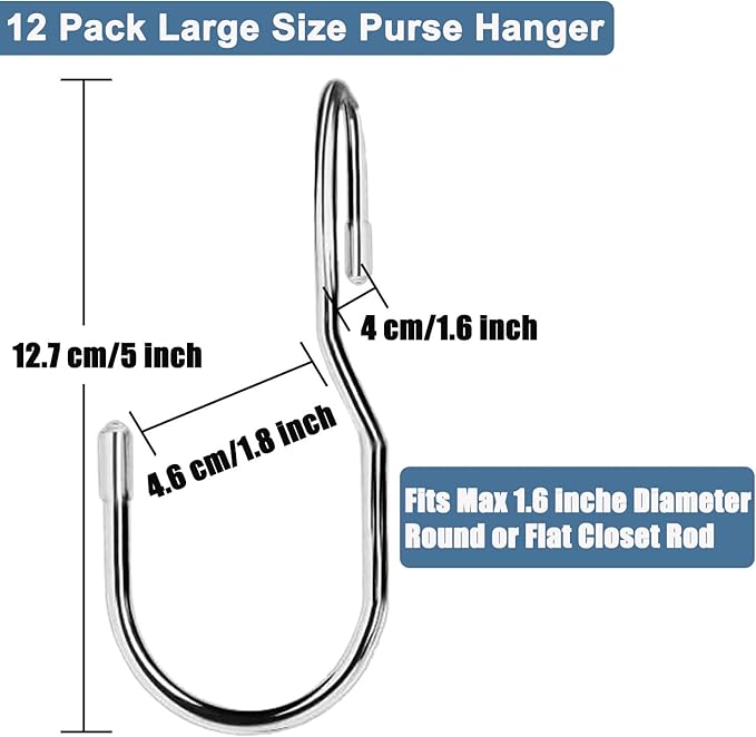 Unique Twist Design Bag Hanger Purse Hooks - 5 Inch Large Size Closet Rod Hooks for Hanging Bags, Purses, Handbags, Belts, Scarves, Hats, Clothes, Pans and Pots (12 Pack)