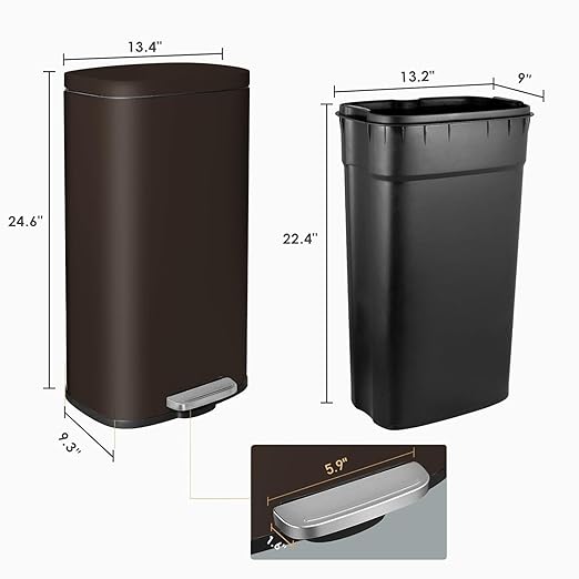 AthLike Trash Can, Stainless Steel Kitchen Garbage Can, Step Waste Bin with Hinged Lid and Removable Inner Bucket, Soft-Close, Dustbin for Bathroom Bedroom Living Room Home (Brown, 8 Gal)