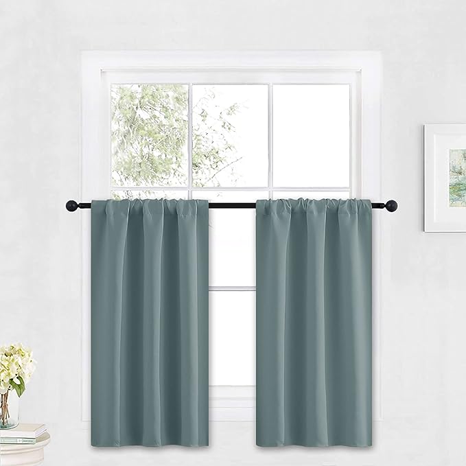 RYB HOME Bathroom Window Curtains - Super Soft Blackout Privacy Curtains for Baby Nursery Bedroom Basement Garege Workshop Kitchen Dining Living Room, W 29 x L 30, Dusty Blue, 2 Pcs