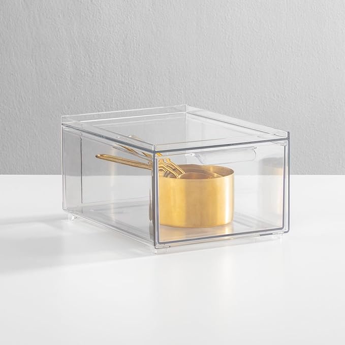 mDesign Stackable Storage Containers Box with Pull-Out Drawer - Stacking Plastic Drawers Bins for Kitchen Pantry and Cupboard, Cabinet, Counter, Island and Tables - Lumiere Collection - 4 Pack - Clear