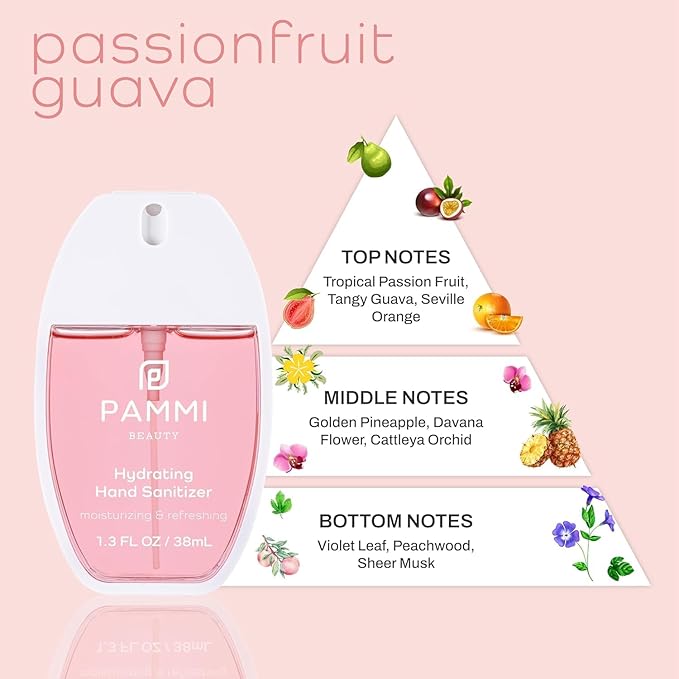PAMMI Power Mist Hydrating Hand Sanitizer Spray, Portable Travel Size Pocket Hand Sanitizer, Scented Handsanitizer Mini Spray For Car - 600 Sprays (2 Packs (Rose and Guava))