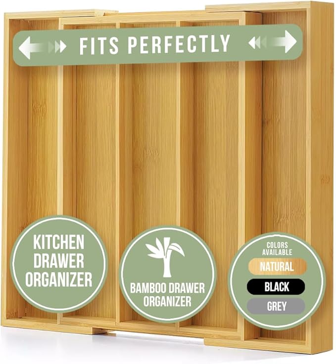 Purawood Kitchen Drawer Organizer - Expandable Utensil Drawer Organizer for Kitchen, Cutlery Tray & Silverware Organizer, 3-5 Slots - Bamboo Organizer for Utensils & Flatware (Natural)
