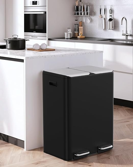Arlopu 16Gal Dual Trash Can w/2 Built-in Box for Odor Control, Hands-Free Kitchen Garbage Bin, Recycle Waste Dustbin, Soft-Close Lid, 2 Buckets,Foot Pedal, Side Handle, Airtight,for Home Office