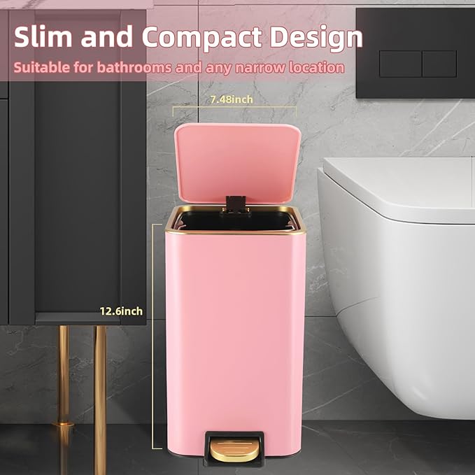 Small Bathroom Trash Can with Lid Soft Close, 1.8 Gallon Stainless Steel Garbage Can with Removable Inner Bucket,3PCS Soap Dispenser,75Count Trash Bag, Slim Step Pedal Trash Bins