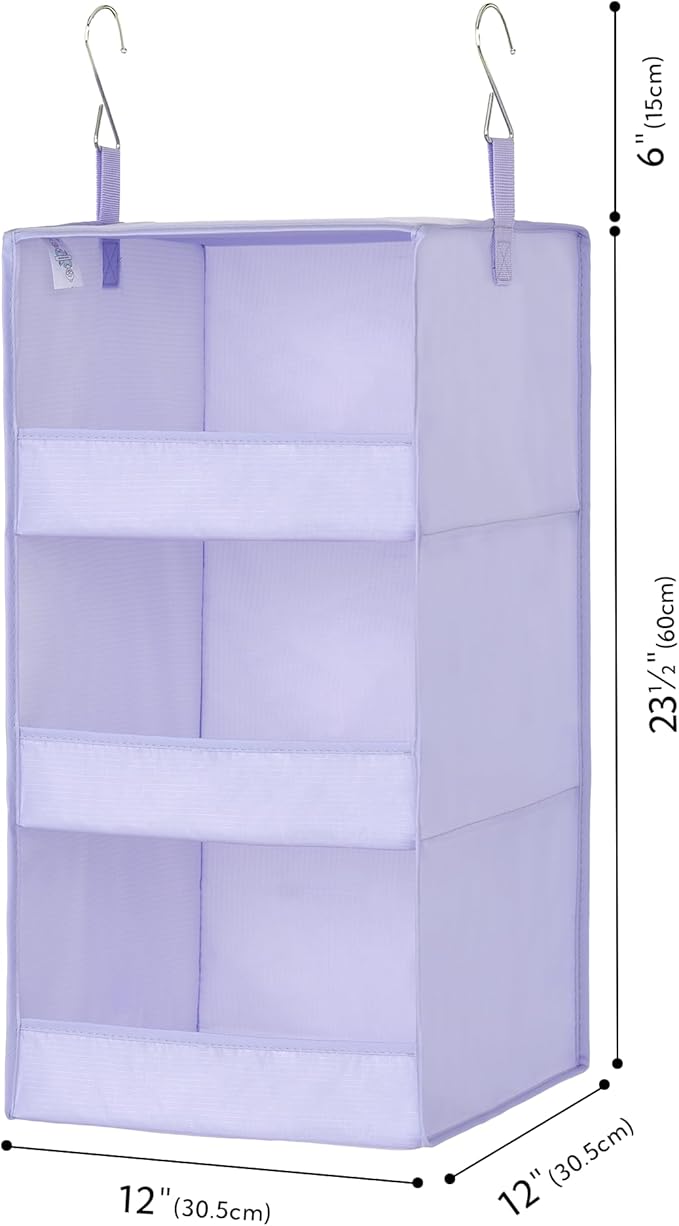 GRANNY SAYS 3 Shelf Hanging Closet Organizers and Storage, Collapsible Closet Storage Organizer with 2 Metal Hooks, Leak-Proof Hanging Shelves for Closet, Dorm Room, Nursery, 2 Pack, Purple