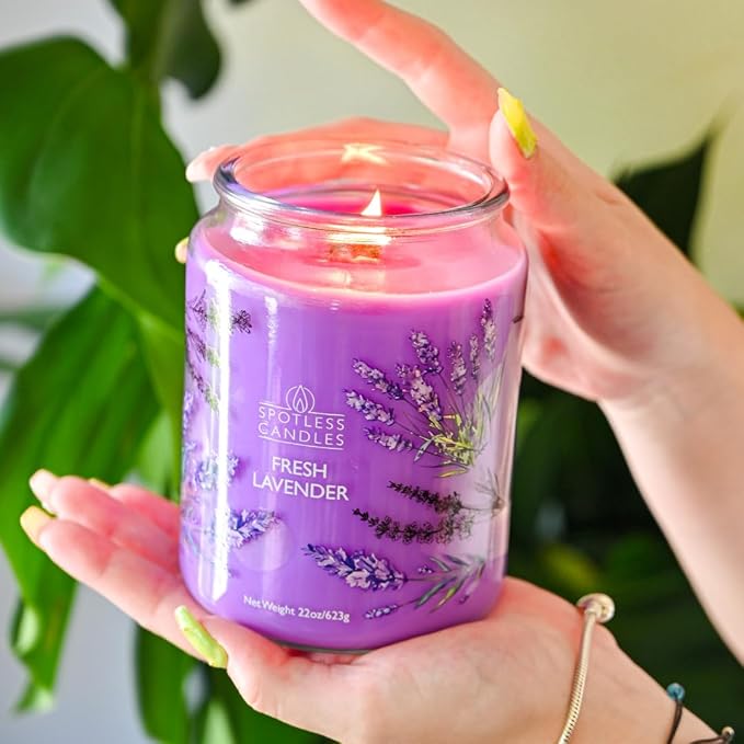 Fresh Lavender Candle 22oz Glass Jar with Wooden Wick in a Decorated Jar Within a Presentation Gift Box and Protective Shipping Box
