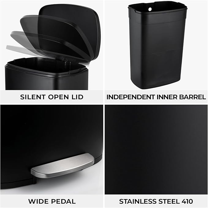 8 Gal Kitchen Trash Can, 30L Recycling or Garbage Bin, Brushed Stainless Steel Waste Basket, Soft&Quiet Close Dustbin, with Step-On Pedal, Removable Inner Bucket, for Home, Office, LIving Room