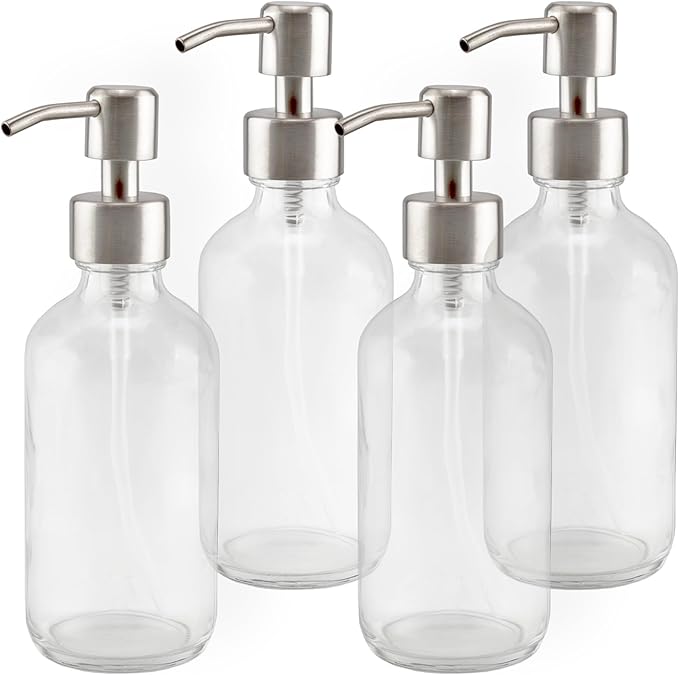 Cornucopia Brands 8-Ounce Clear Glass Boston Round Bottles w/Stainless Steel Lotion Pumps (4-Pack); Empty Refillable Liquid Soap & Lotion Bottles