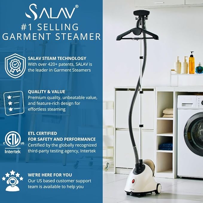 SALAV GS18 Full-Size Clothes Steamer - 1500W Power, 1.8L Water Tank, 60-Min Garment Steam, Iron Clothing, Adjustable Pole & Wheels for Easy Storage, Professional Standing Steamer for Clothes, White