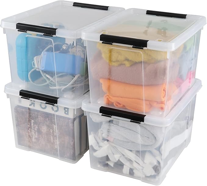 34 L Clear Plastic Storage Bins Box with Lid, Stackable Lidded Storage Bin Container with Wheels and Secure Latching Buckles, 4 Packs