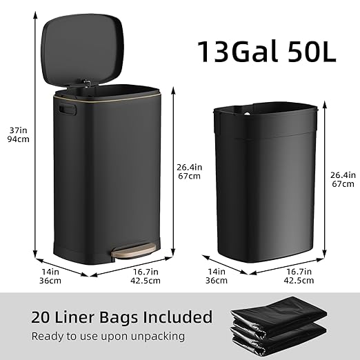 KUK 13 Gallon Kitchen Trash Can with Lid, 50L/13Gal Office Step Garbage Can for Home, Kitchen, Laundry Room, Office, Brushed Stainless Steel, Black