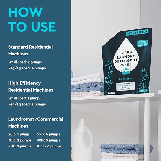 Puracy Laundry Detergent Refill - Enzyme-Powered Liquid Laundry Detergent Concentrate, Natural Laundry Detergent Seen on TikTok, Non-Toxic (Fresh Linen, 48 fl oz, 192 Loads)