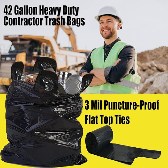 Contractor Heavy Duty Trash Bags 42 Gallon | 26 Count | 3 MIL | 32.8" X 46" | Large Black Flap Tie Construction Garbage Bags for Business Home Commercial, Industrial, Storage, Outdoor
