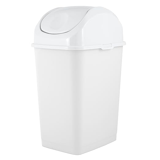 Superio Small 2.5 Gallon Plastic Trash Can with Swing Top Lid, Compact Slim Waste Bin for Under Desk, Office, Bedroom, Bathroom, Dorm Room, 10 Qt. Portable Garbage Can (White)