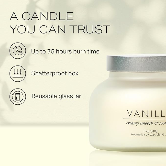 Volcano Vanilla Candle 19oz:- with a Crackling Wooden Wick in Large 4" x 5" Large Elegant White Glass Jar in a Presentation Gift Box and Protective Shipping Box