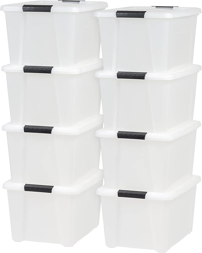 IRIS USA 33 Qt Stackable Plastic Storage Bins with Lids, 8 Pack - BPA-Free, Made in USA - Discreet Organizing Solution, Latches, Durable Nestable Containers, Secure Pull Handle - Pearl