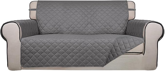 PureFit Reversible Quilted Sofa Cover, Water Resistant Slipcover Furniture Protector, Washable Couch Cover with Non Slip and Elastic Straps for Kids, Dogs, Pets (Oversized Loveseat, Gray/Gray)