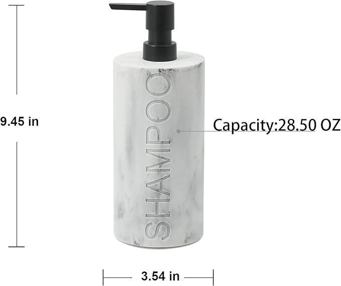 Matte White Shampoo Dispenser Modern Refillable Pump Bottle with Embossed Text, Durable Resin Construction for Bathroom and Kitchen